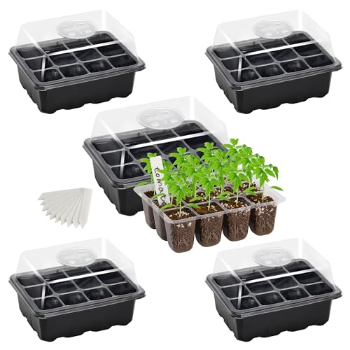 Bonviee 5-pack Seed Starter Diy Seedling Kits, Plant Starter Kit with Adjustable Humidity Dome and Stand Mini Indoor Greenhouse Multiplier for Seed Starting (12 Cells Per Disc, Black)