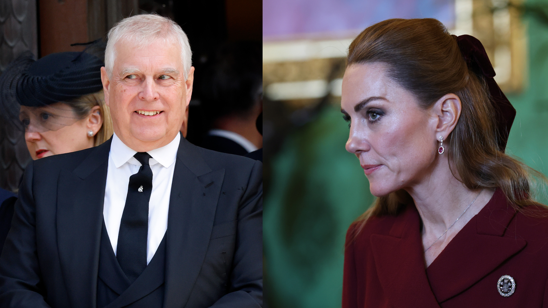 Prince Andrew smiling wearing a dark suit; Princess Kate in a burgundy coat and hair bow looking serious 