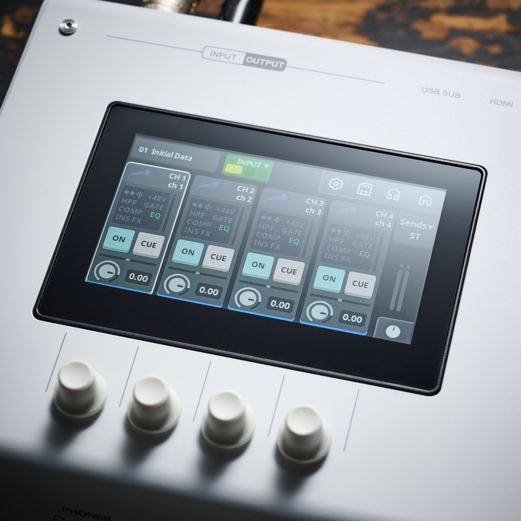 Close up of the touchscreen on the Yamaha URX44V audio interface