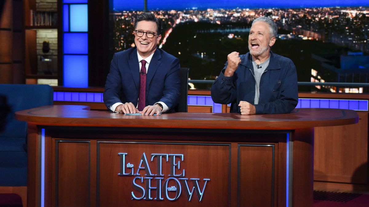 Stephen Colbert and Jon Stewart on &quot;The Late Show With Stephen Colbert&quot; in 2019.