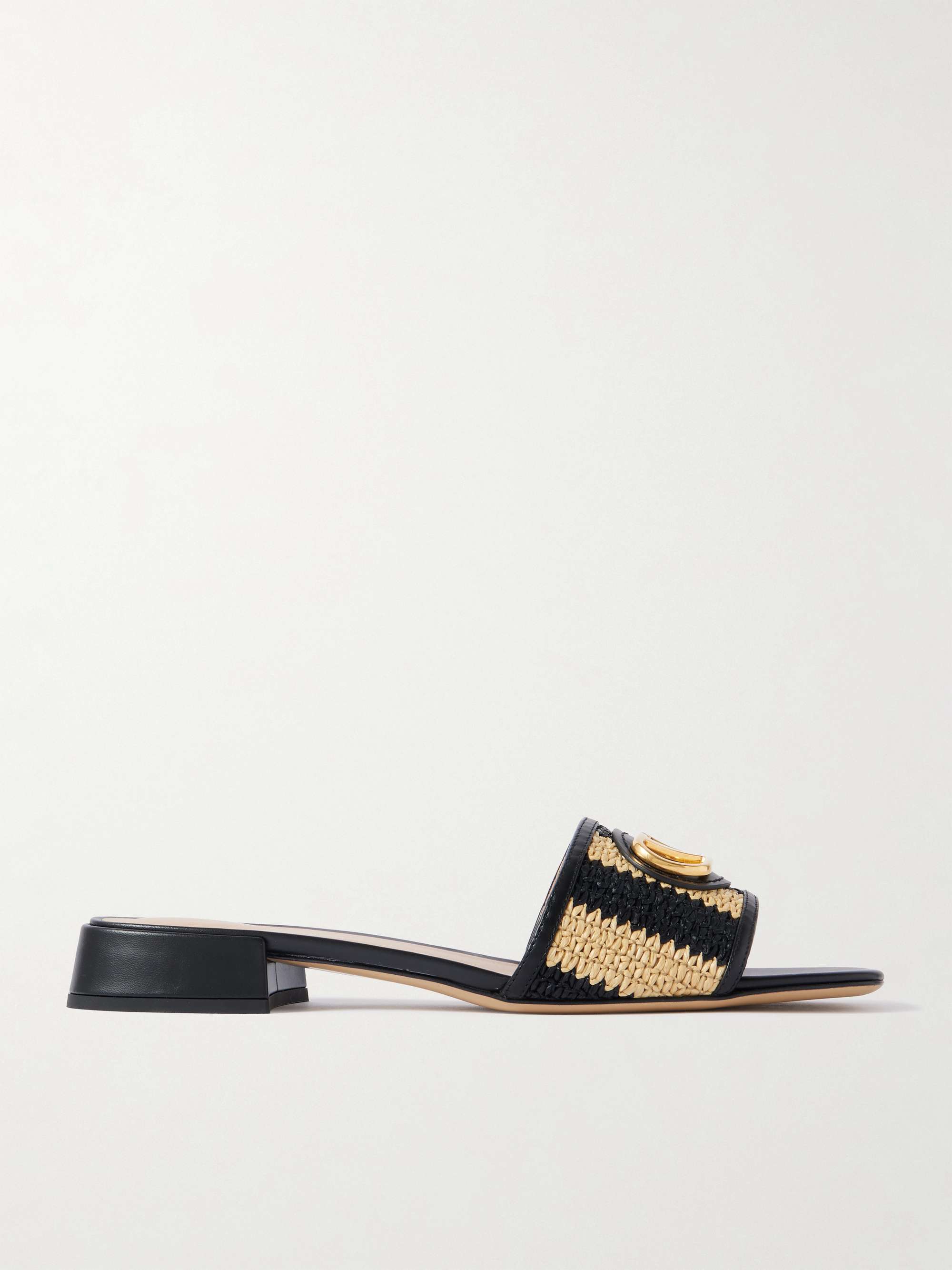 Vlogo Embellished Leather-Trimmed Striped Raffia Slides