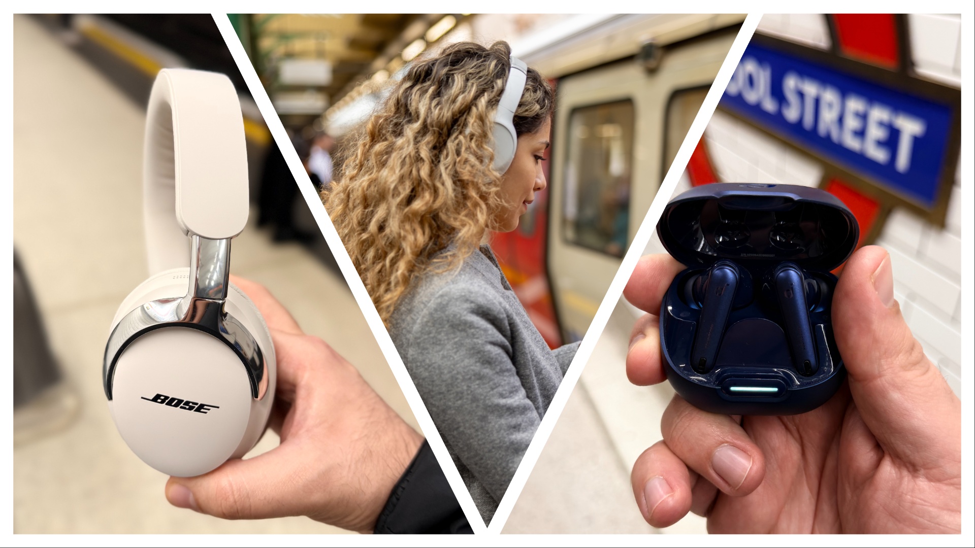 Woman listening to music on her cell phone while waiting for the tube alongside images of headphones being held 