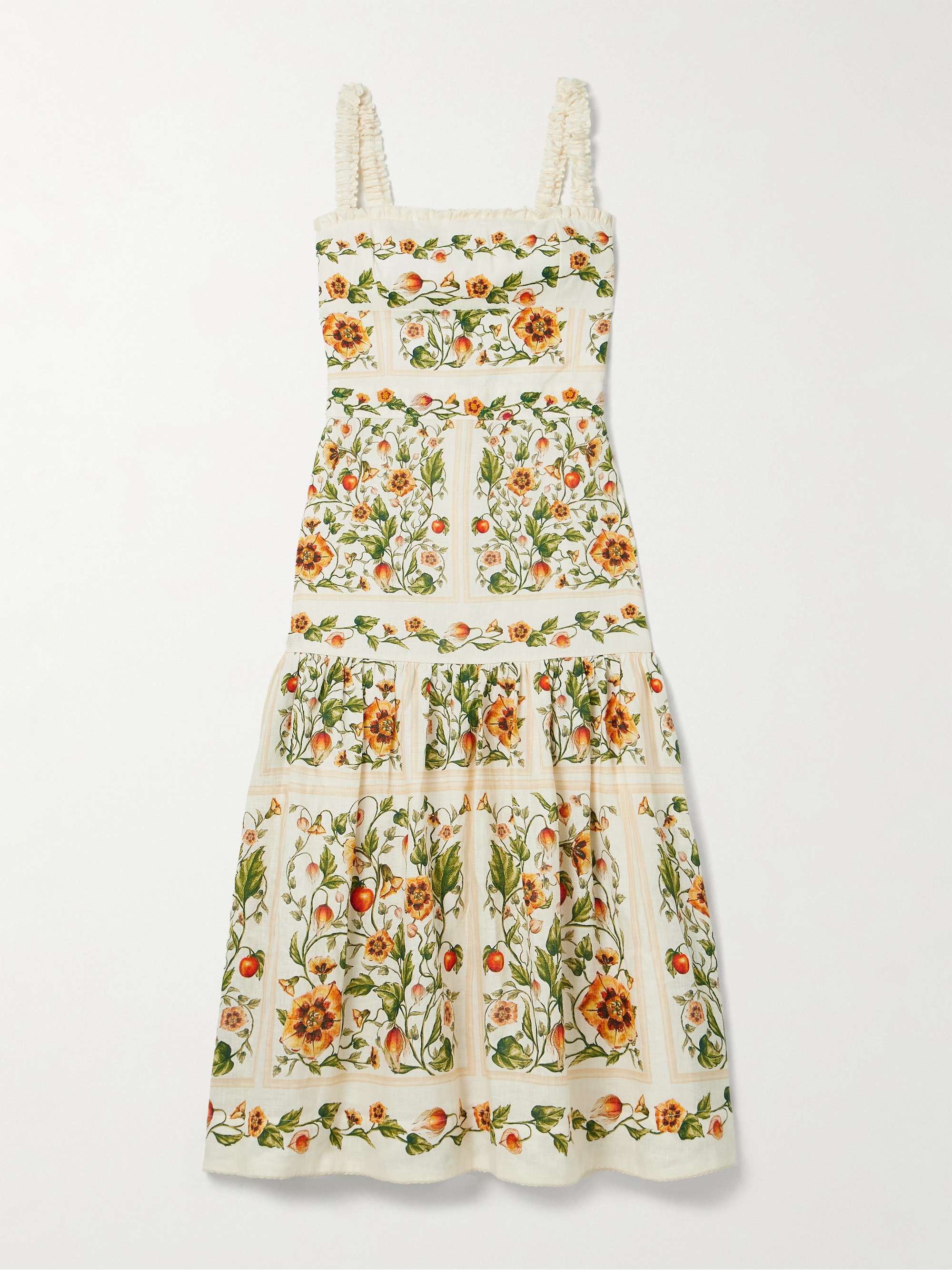 Nispero Tiered Embroidered Printed Linen Midi Dress