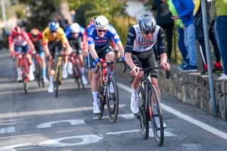 One of the top favourites for the 2024 Milan-San Remo, Tadej Pogačar, leads the way up the Poggio at the 2023 edition of the Monument
