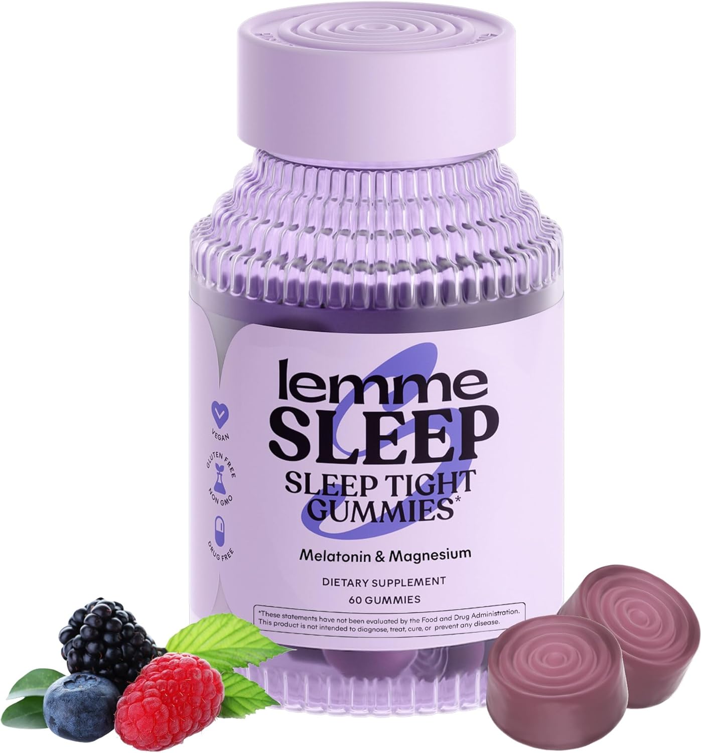 Lemme Sleep Gummies With 5mg Melatonin, Elderberry, Magnesium, L-Theanine, Chamomile and Lavender, Drug-Free Nighttime Sleep Aid, Gluten Free, Gelatin Free, Non Gmo, Berry Flavored (60 Count)
