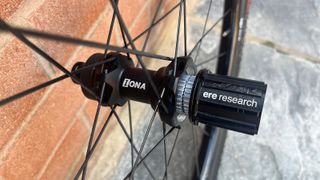 Close up of hub on bike wheel