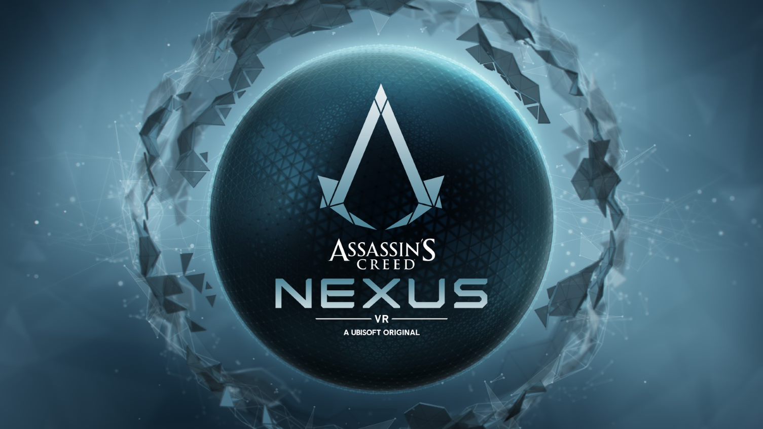 Das Assassin's Creed-Logo erscheint in Weiß auf einem blauen Kreis, gefolgt von den Worten Assassin's Creed: Nexus VR