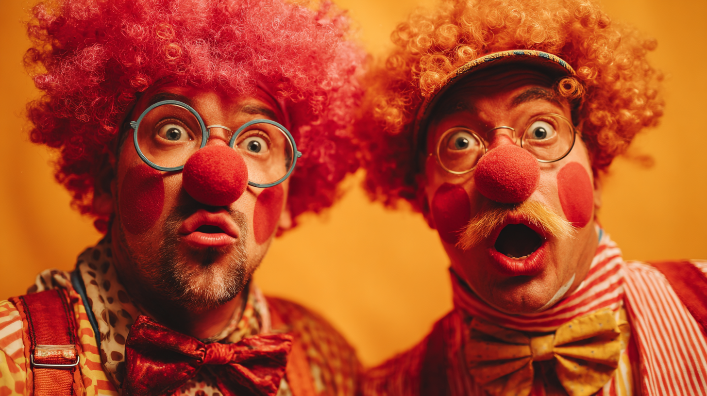 Two clowns looking at the camera