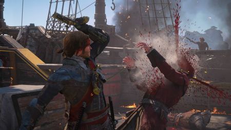 Assassin's Creed Black Flag Resynced Edward Kenway shooting a British officer with a pistol at point-blank range with blood spurting out