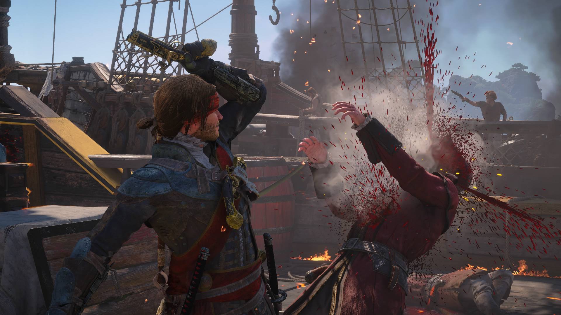 Assassin's Creed Black Flag Resynced Edward Kenway shooting a British officer with a pistol at point-blank range with blood spurting out