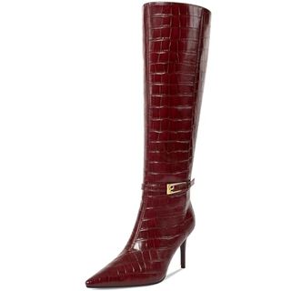 Comjuy Kniehohe Stiletto-Stiefel für Damen, 8,4 cm hohe Absätze, seitlicher Reißverschluss, spitzer Zehenbereich, hohe Stiefel mit Metallschnalle für Damen, bequeme Unterkniestiefel aus Krokodillederimitat, Burgunderrot, Größe 7,5