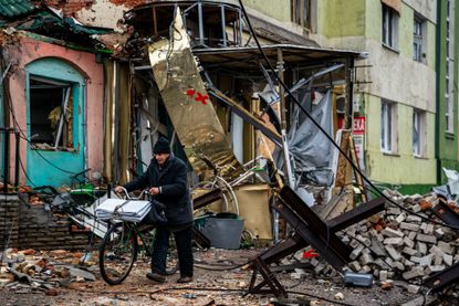 A heavily shelled street in Bakhmut, eastern Donetsk