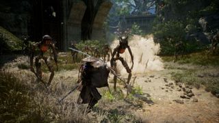 A warrior in a dark robe and hat wields a sword, battling skeletal robots with glowing eyes in a forest. Dust clouds arise, conveying intense action.