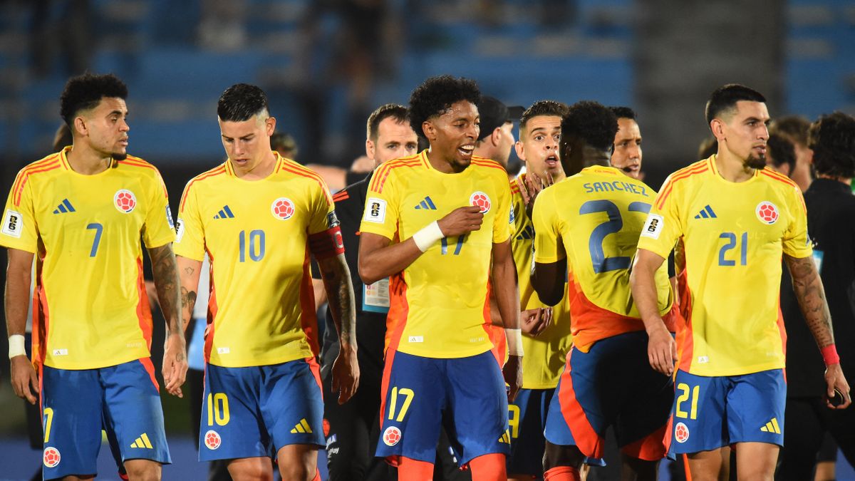 Colombia&#039;s players react after losing the 2026 FIFA World Cup South American qualifiers football match between Uruguay and Colombia going into the Colombia vs Ecuador live stream