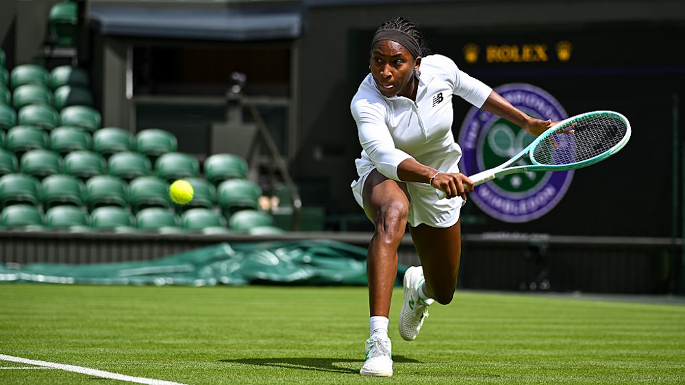 Coco Gauff playing a backhand during a training session at Wimbledon 2025 in London, England