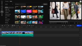 Video editing interface showing a fashion montage preview with three women walking, templates, timeline clips, and an audio track