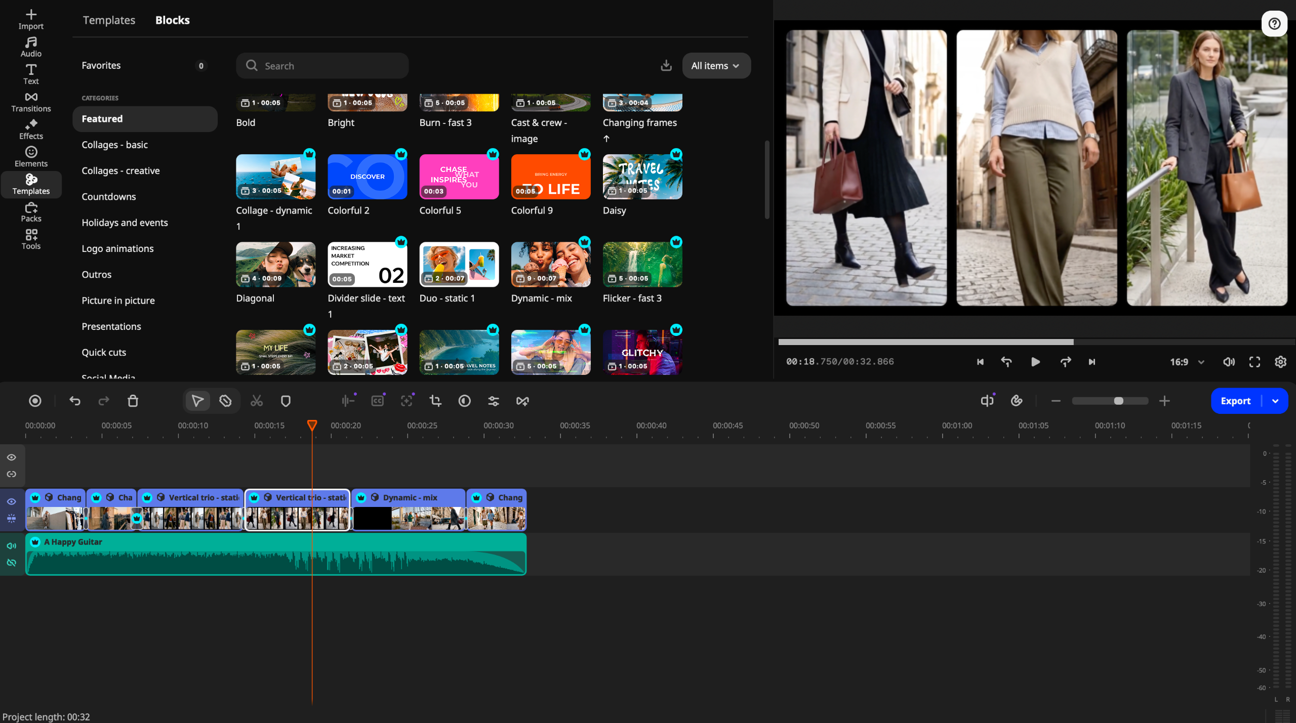 Video editing interface showing a fashion montage preview with three women walking, templates, timeline clips, and an audio track