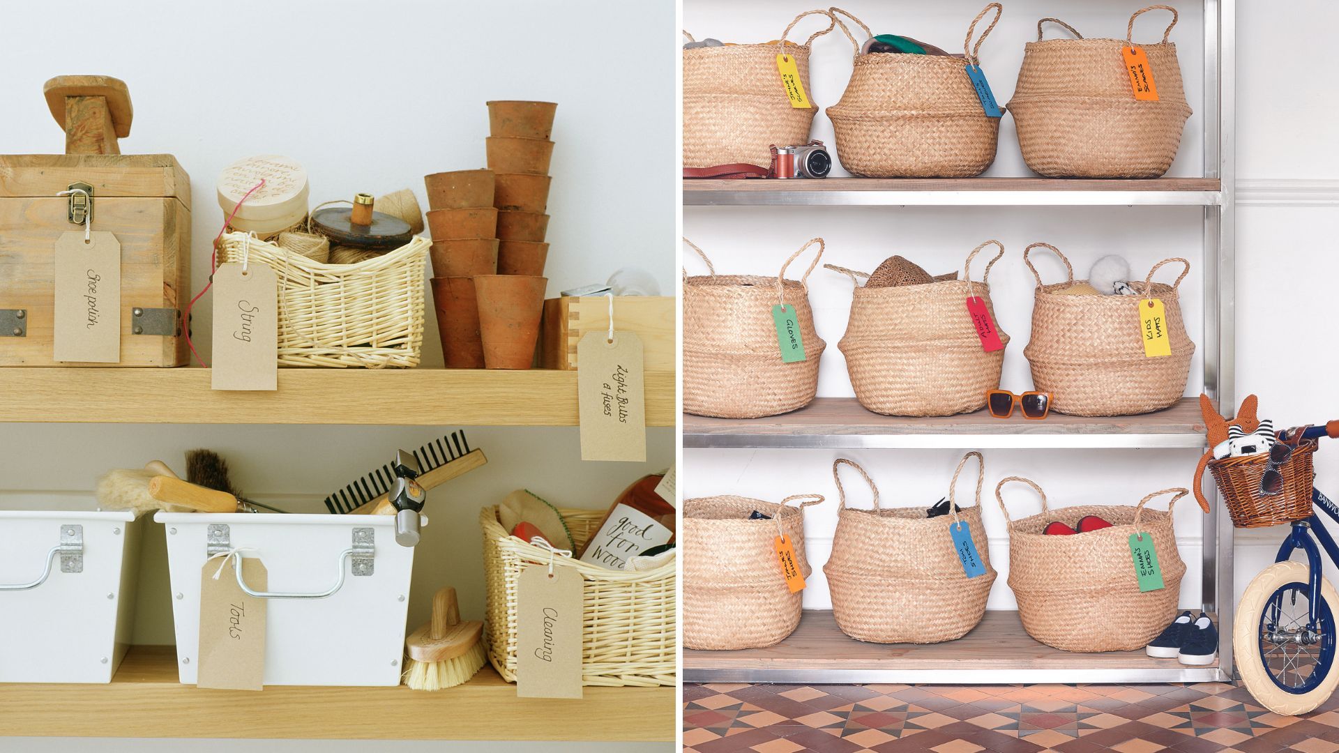 Compilation of two images with labeled storage to demonstrate smart home organization ideas