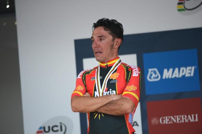 An emotional Joaquim Rodriguez (Spain) on the podium after coming agonisingly close to winning a world championship