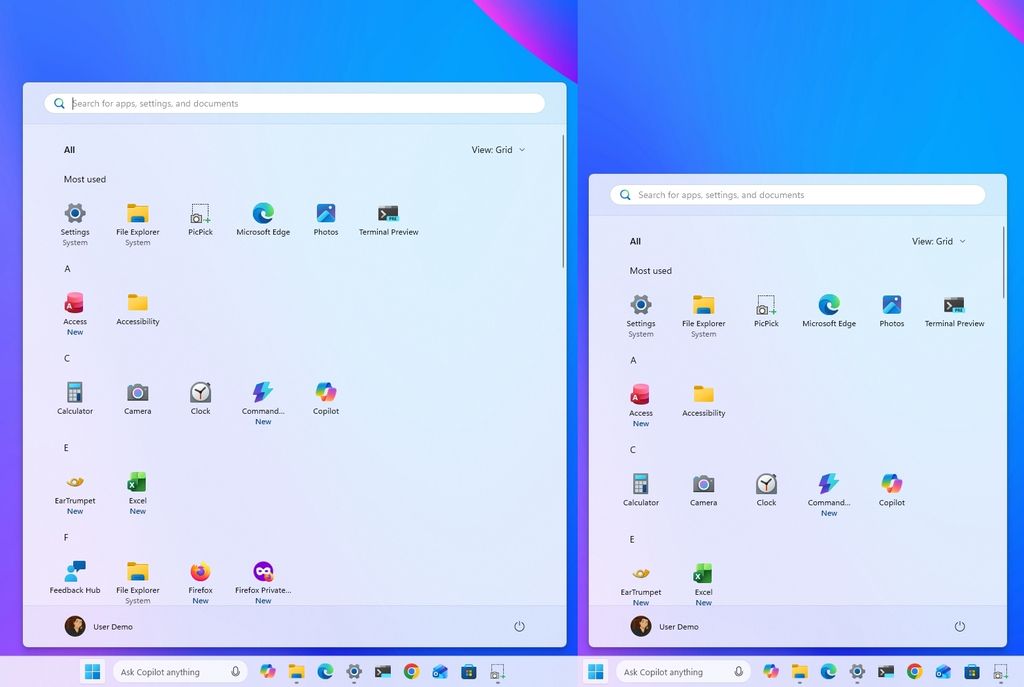 Windows 11 desktop showing the large and small Start menu layouts.