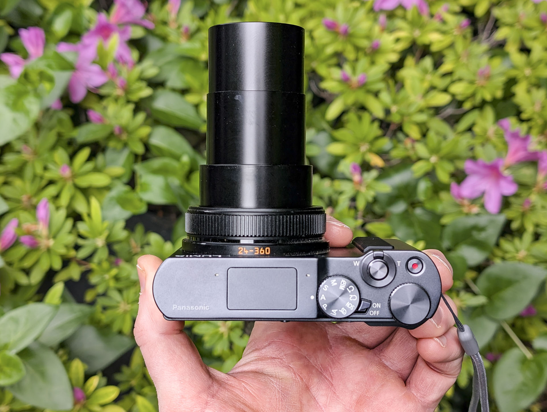 Panasonic Lumix TZ300 compact camera in the hand with a colorful floral backdrop, view of the top and the lens is extended