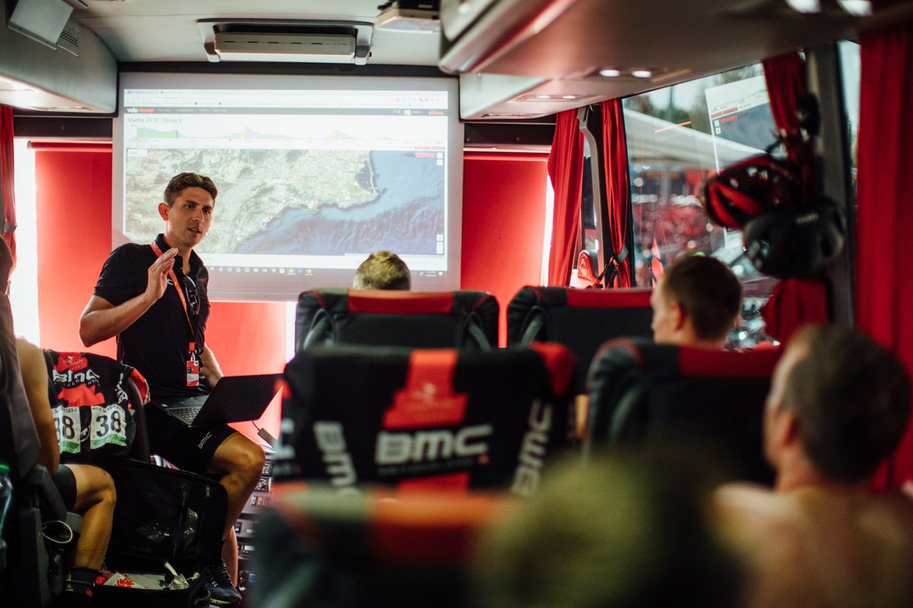 Jackson Stewart takes the morning meeting before the start of stage 4.