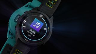 Garmin Forerunner 265 watch in two colorways on black background