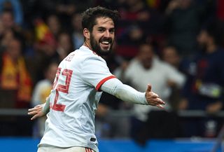 Isco celebrates after scoring his third goal and Spain's sixth in a friendly win over Argentina in March 2018.