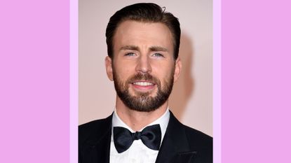 Actor Chris Evans wears a black suit and smiles as he attends the 87th Annual Academy Awards at Hollywood & Highland Center on February 22, 2015 in Hollywood, California./ in a purple template