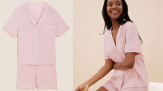 pink model shirt and shorts pajamas