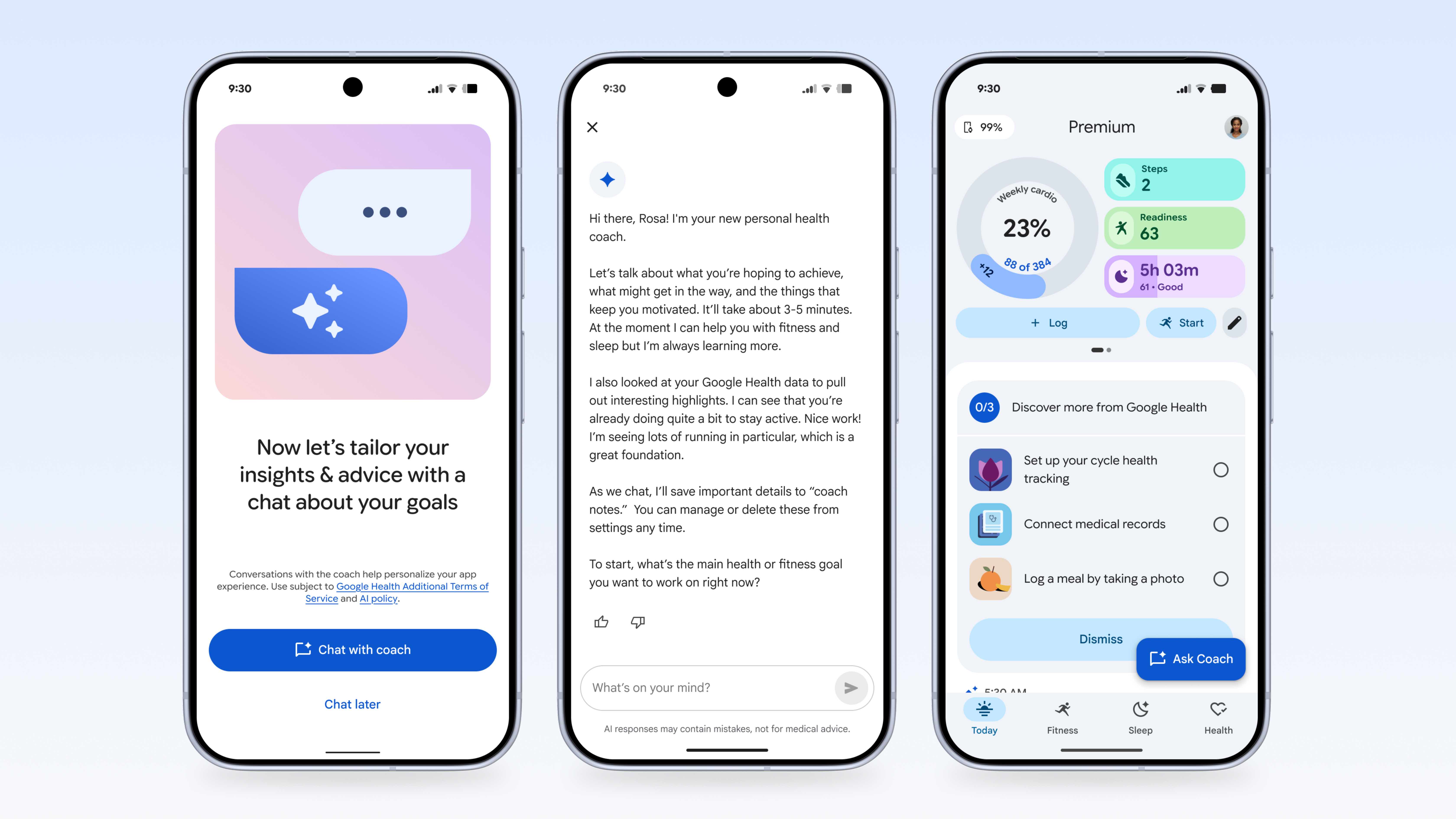 The new Google Health app in device mockups.