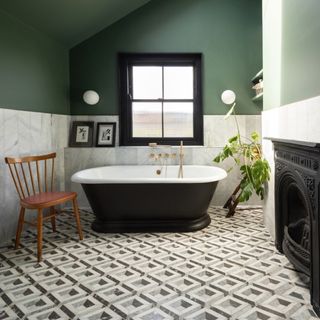 bathroom with floor tiles and wooden chair