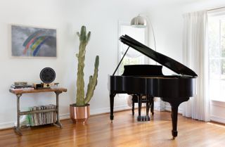 living room/music room with grand piano, console, artwork, floor lamp, cactus