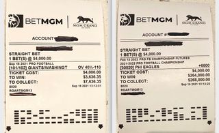 The betting slips from Inspiration4 commander Jared Isaacman's in-space bets, made via a proxy bettor with MGM Grand's BetMGM Sportsbook.