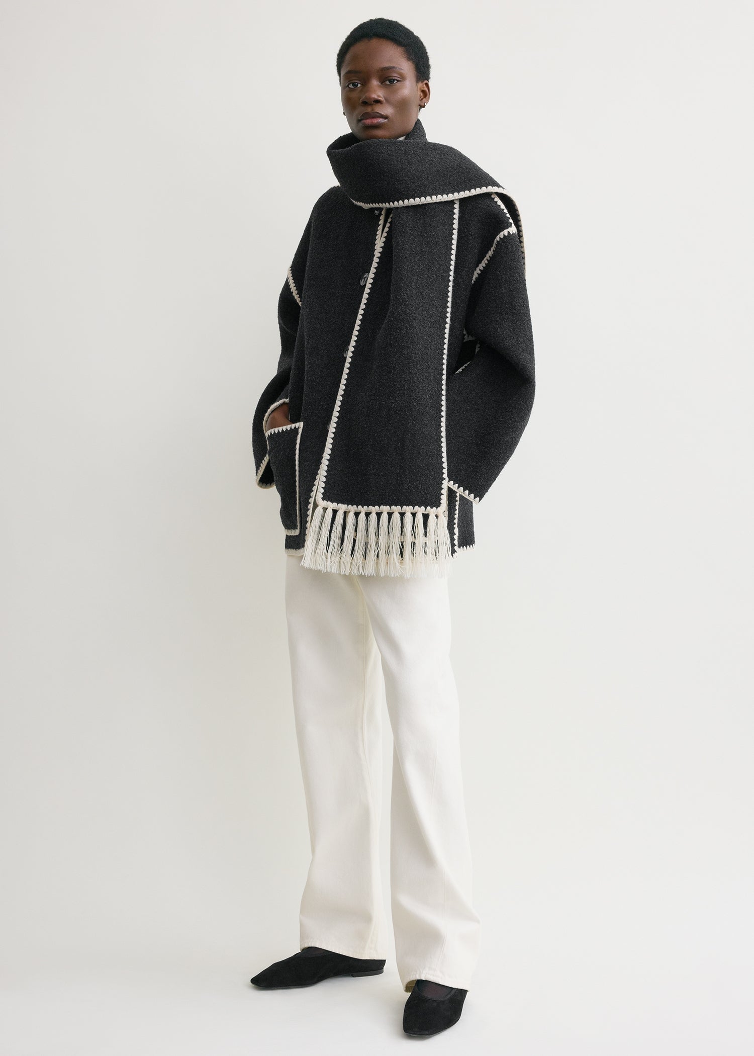 Embroidered Scarf Jacket Dark Grey Mélange - 30