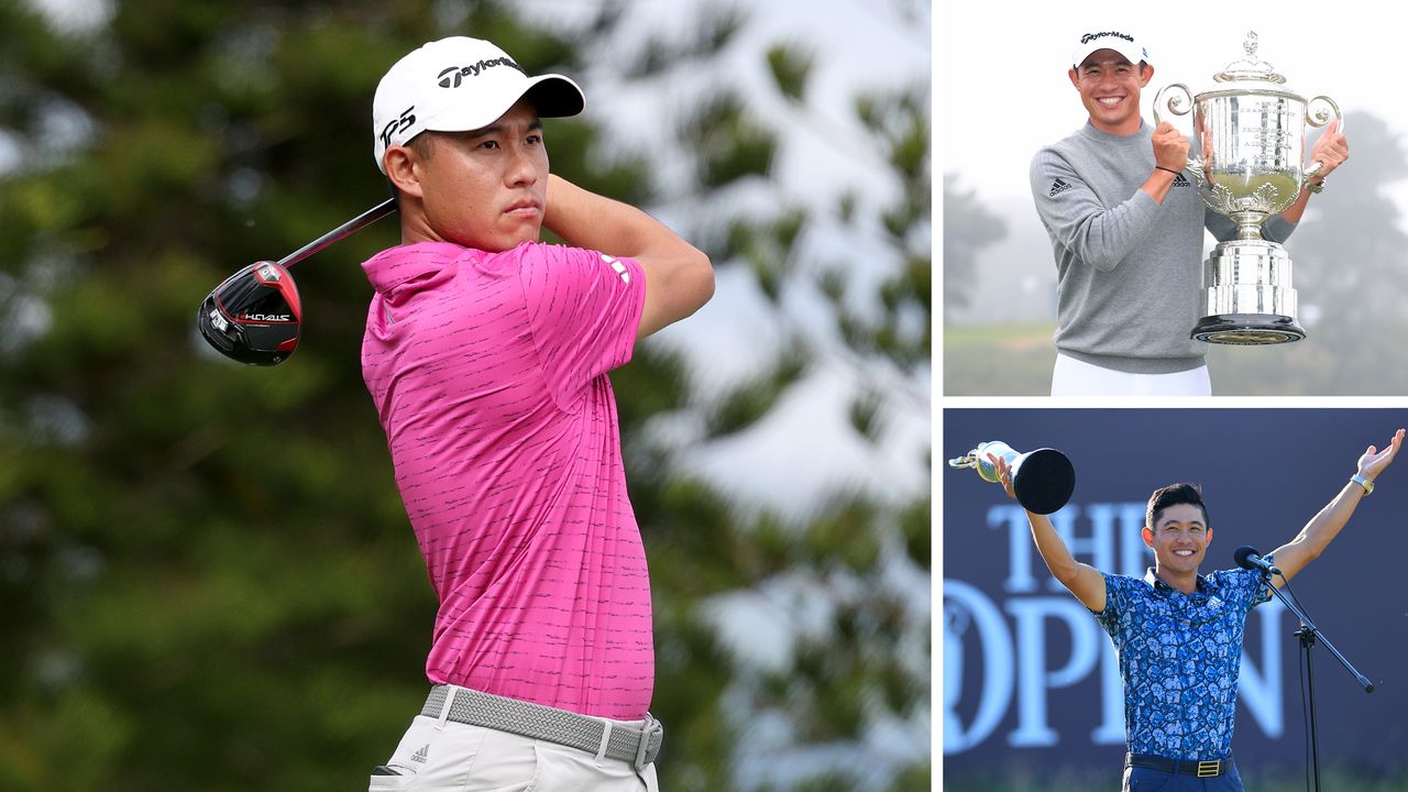 Montage of Collin Morikawa hitting a drive and him holding his two Major trophies