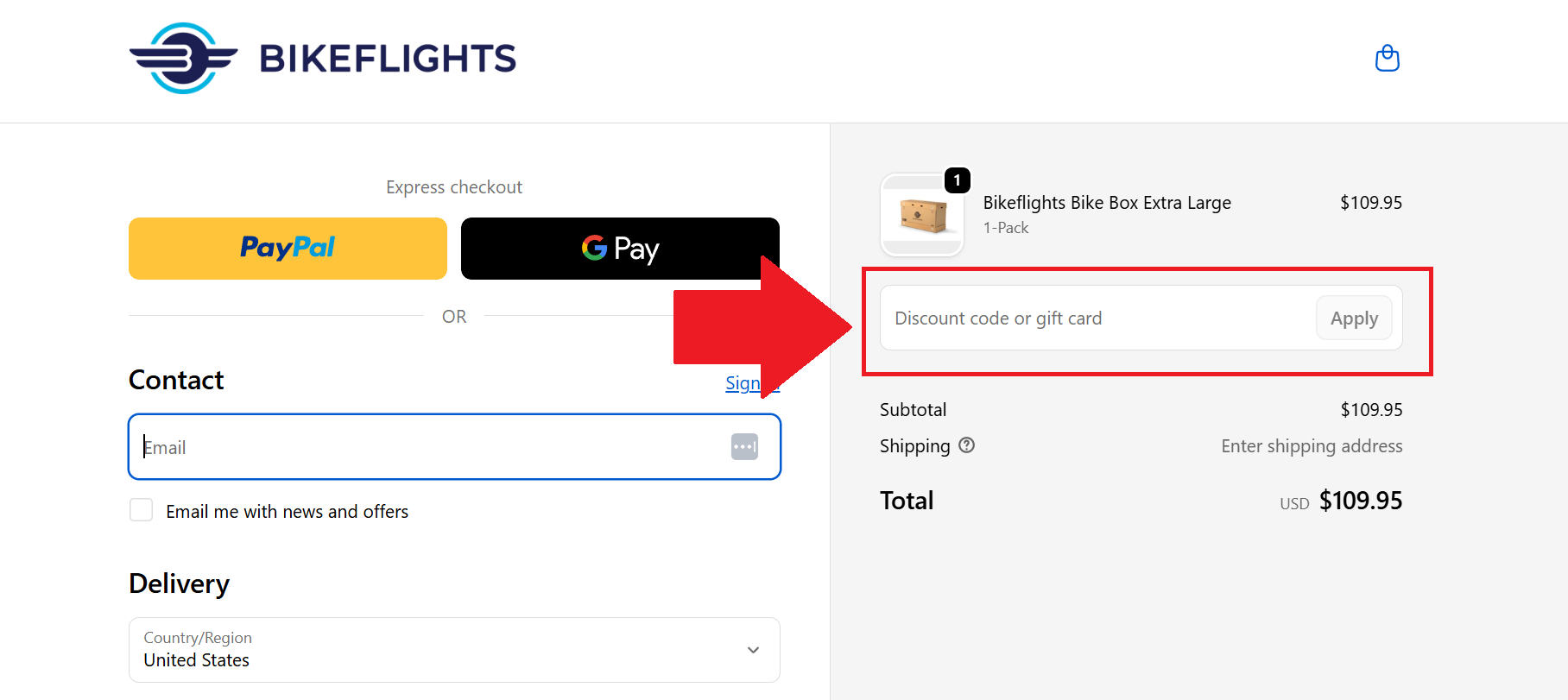 a screenshot of the bikeflights checkout page showing where to enter a bikeflights promo code