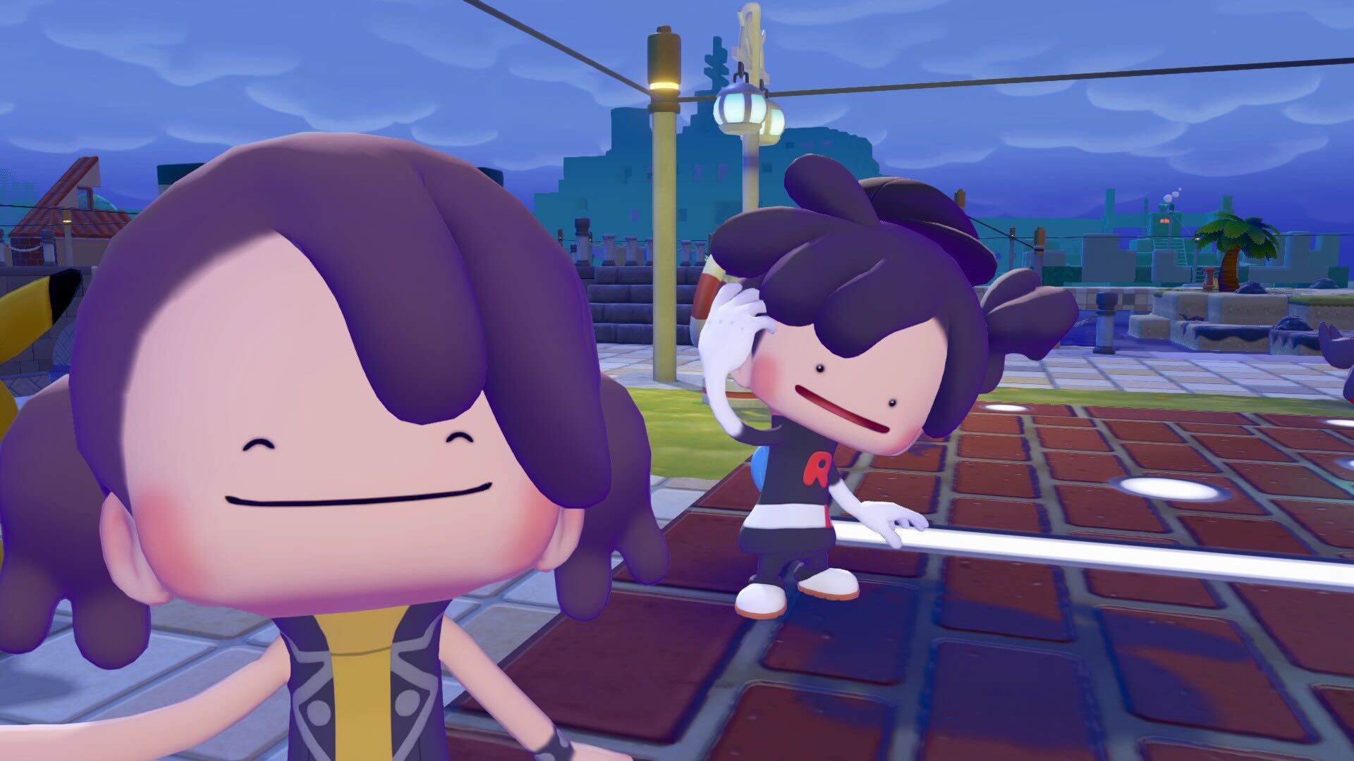 In Pokemon Pokopia, two transformed Dittos take a selfie together in Bleak Beach