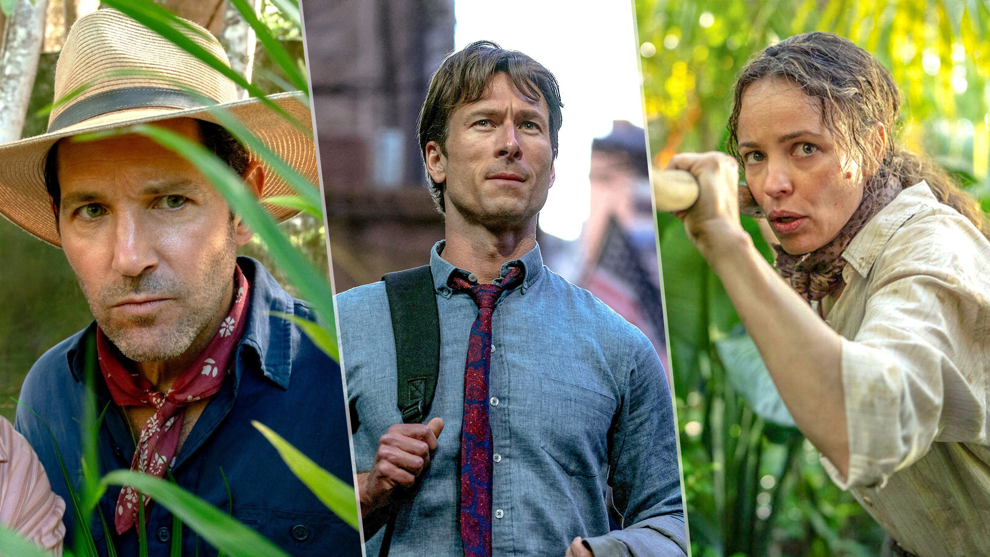 (L-R) Paul Rudd as Ronald "Griff" Griffen Jr. in "Anaconda," Glen Powell as Becket Redfellow in "How to Make a Killing," and Rachel McAdams as Linda Liddle in "Send Help."