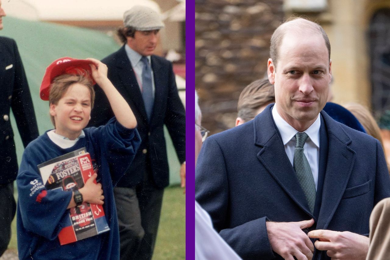 Prince William in 1997 at Grand Prix and split scree of Prince William from Royal Family Christmas Day church service Sandringham