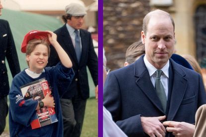 Prince William in 1997 at Grand Prix and split scree of Prince William from Royal Family Christmas Day church service Sandringham