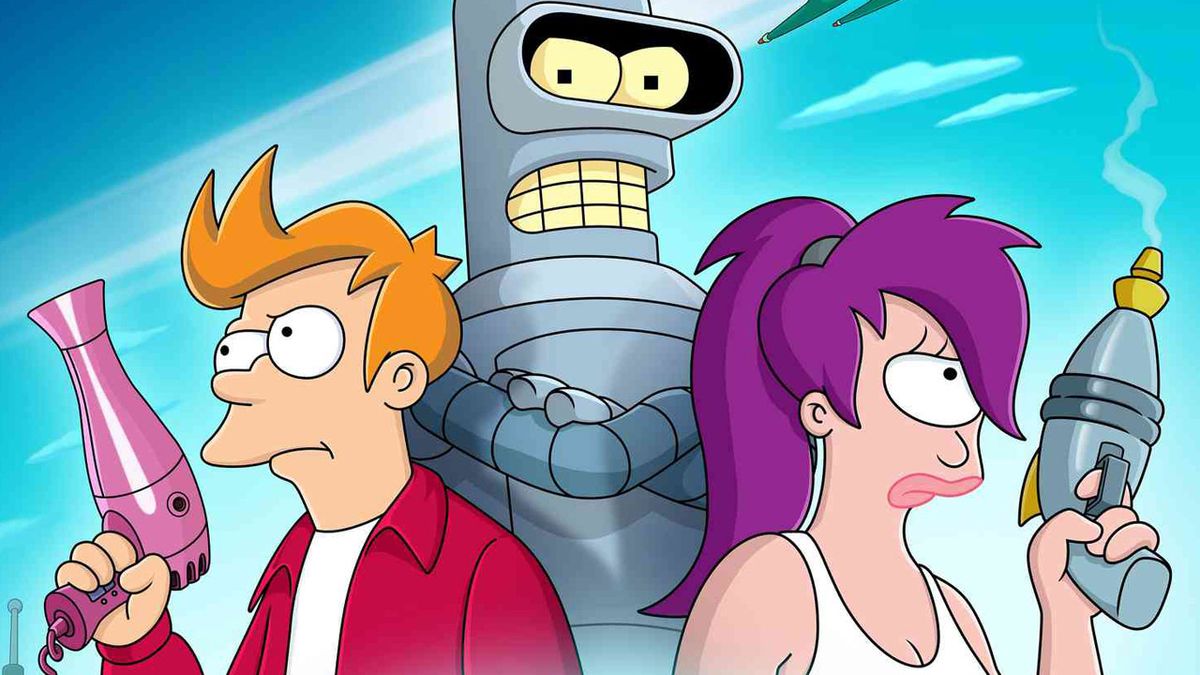 An official image for Futurama season 11 showing Fry, Bender, and Leela