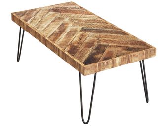 Mindful Living Rustic Farmhouse Mid Century Modern Fusion Mango Wood Top and Iron Hairpin Legs Chevron Pattern Rectangular Accent Coffee Table, Beige