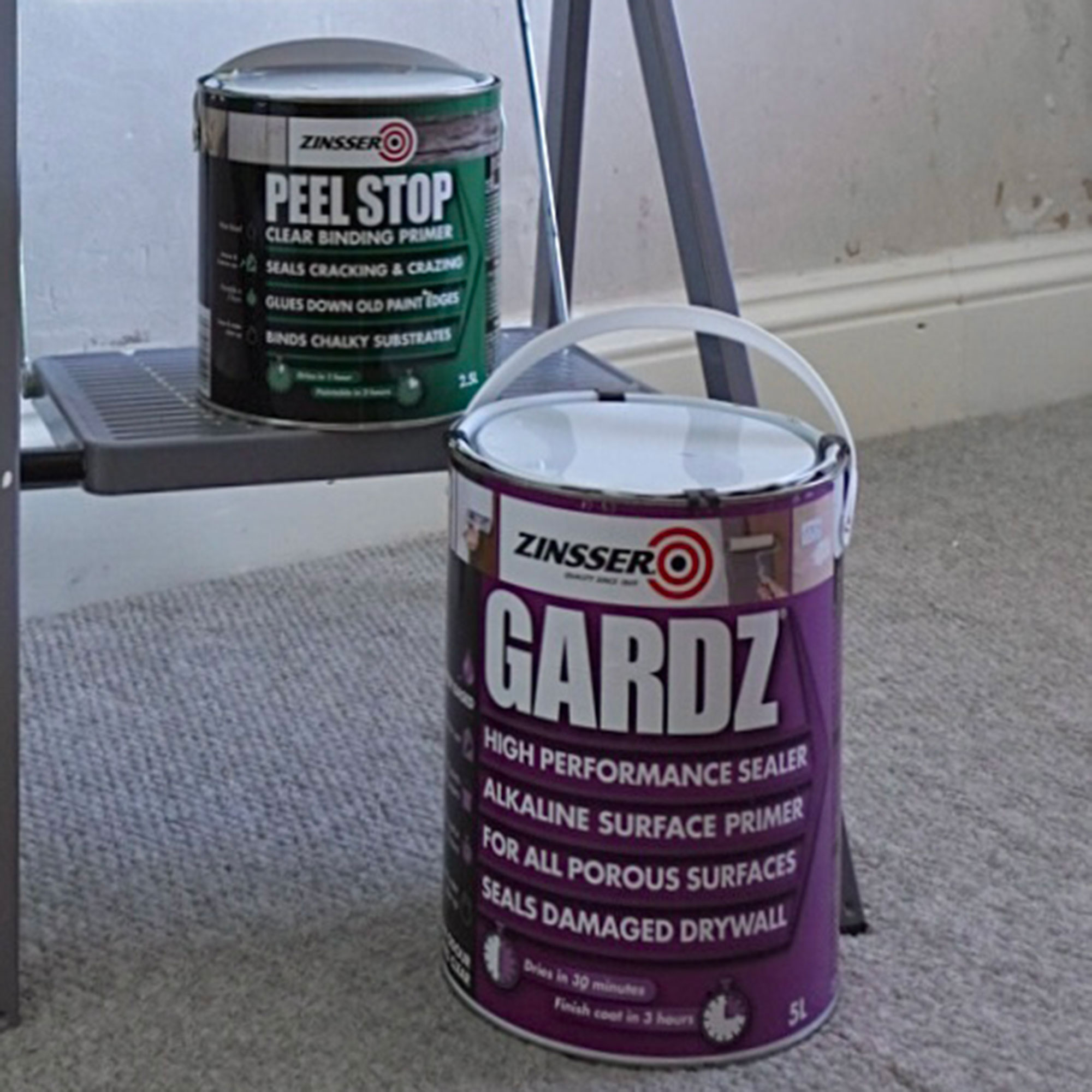 Can of Zinsser Gardz and Zinsser Peel Stop