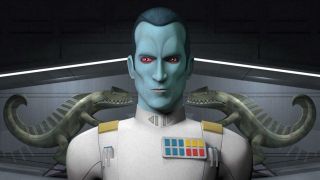Here we see a close up computer animated drawing of Grand Admiral Thrawn' standing at attention. He is a humanoid with striking blue skin, short dark hair and red eyes. He is wearing a white uniform and on his left chest there are a number of medals.