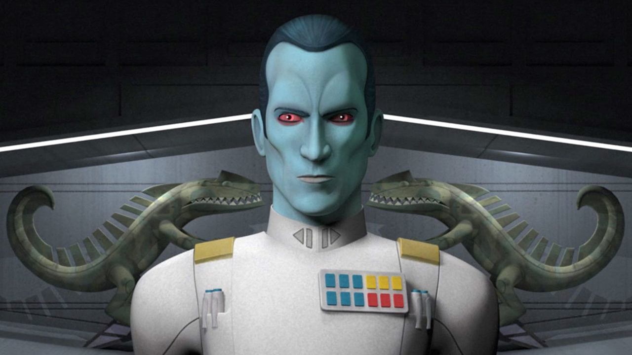 Here we see a close up computer animated drawing of Grand Admiral Thrawn' standing at attention. He is a humanoid with striking blue skin, short dark hair and red eyes. He is wearing a white uniform and on his left chest there are a number of medals.