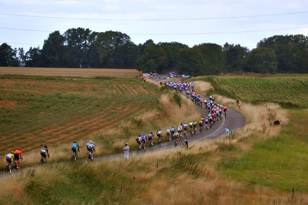 WAVRE BELGIUM AUGUST 17 Peloton Landscape during the 41st Tour de Wallonie 2020 Stage 2 a 1723km stage from Frasnes Lez Anvaing to Wavre TourdeWallonie TRW2020 on August 17 2020 in Wavre Belgium Photo by Luc ClaessenGetty Images