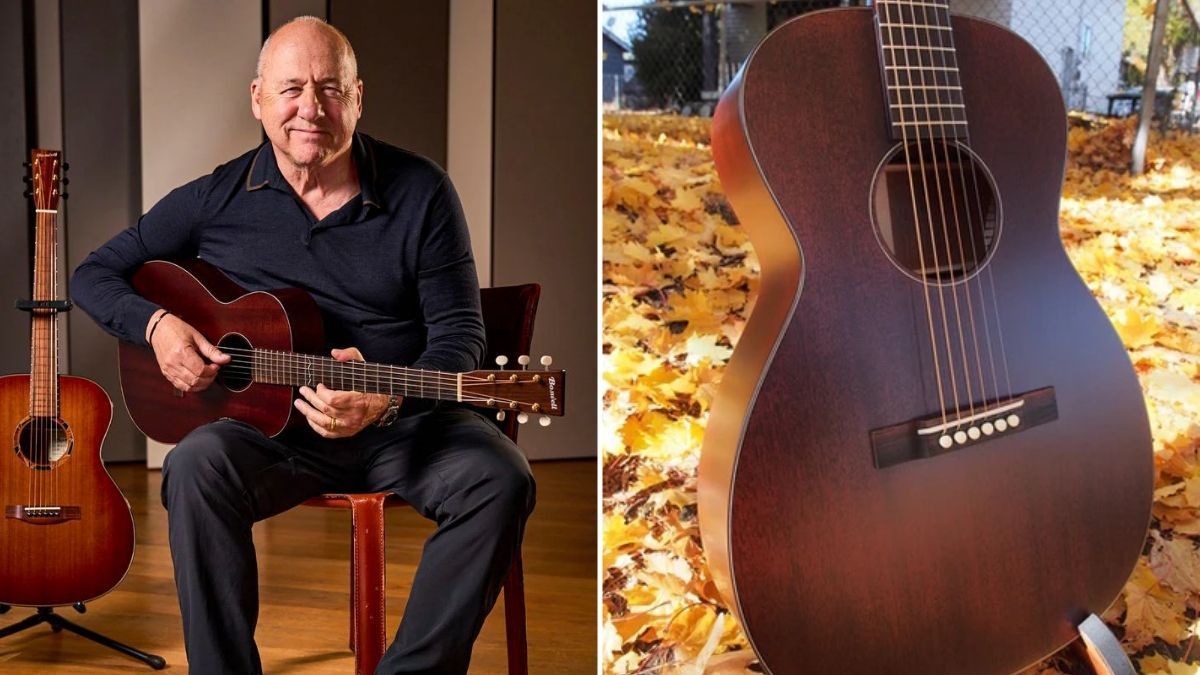 Mark Knopfler posing with one of his Boswell 0-14s (left), the Boswell guitar on auction