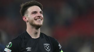 West Ham United captain Declan Rice celebrates at full-time of the UEFA Europa Conference League semi-final second leg match between AZ Alkmaar and West Ham United at the AFAS Stadion on May 18, 2023 in Alkmaar, Netherlands.