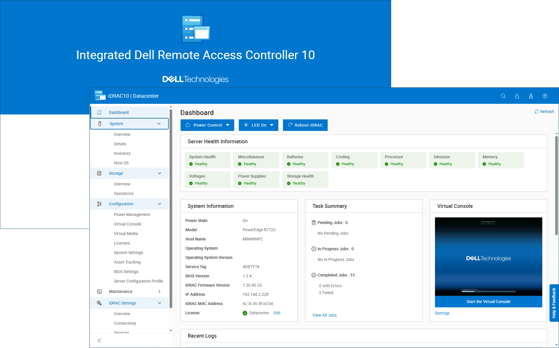 Two screenshots of the Dell iDRAC10 dashboard
